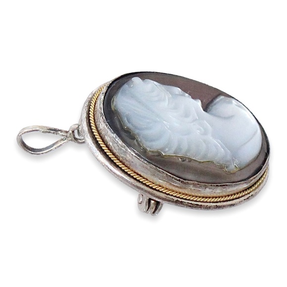 Vintage Italian Mother of Pearl Shell Cameo Pendant Brooch 800 Silver Gold Wire - Picture 3 of 6